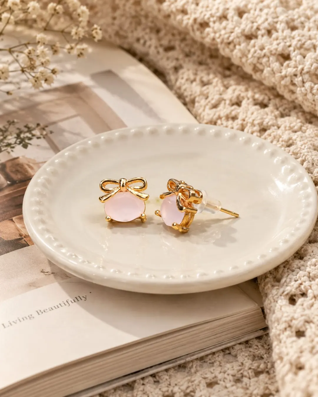 GOLDEN PINK CRYSTAL BOW STUD EARRINGS