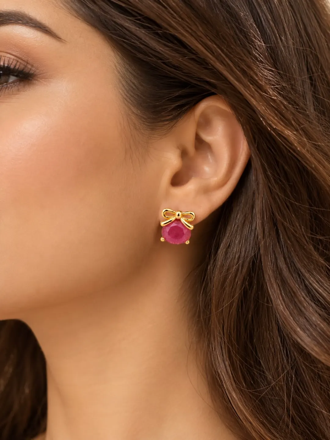 GOLDEN RUBY PINK CRYSTAL BOW STUD EARRINGS