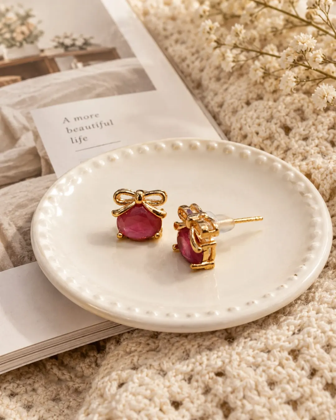 GOLDEN RUBY PINK CRYSTAL BOW STUD EARRINGS