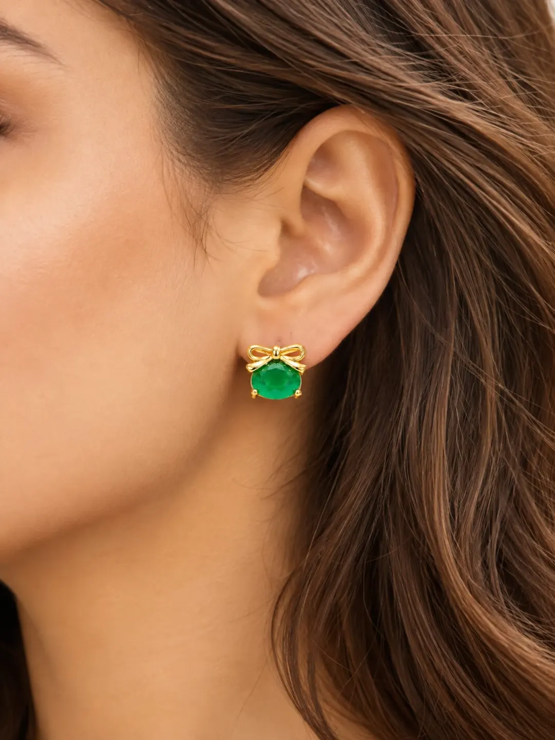 GOLDEN EMERALD GREEN CRYSTAL BOW STUD EARRINGS