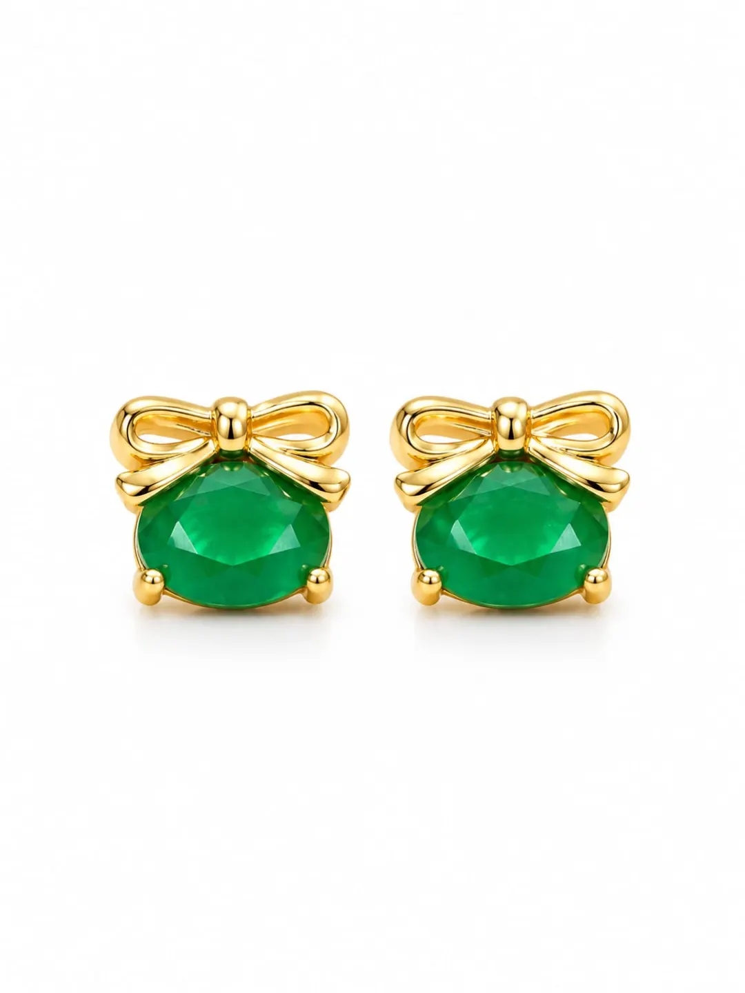 GOLDEN EMERALD GREEN CRYSTAL BOW STUD EARRINGS