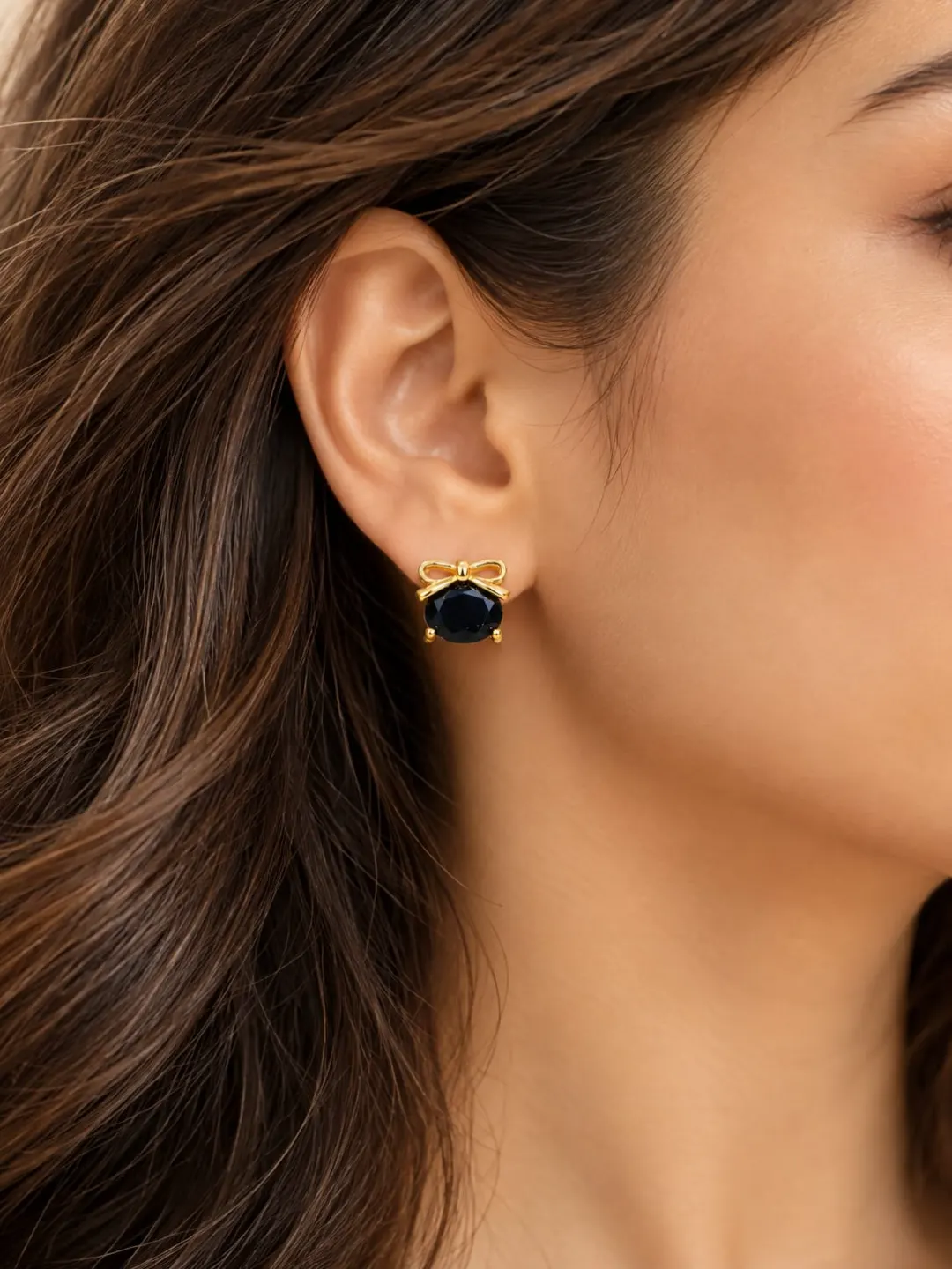 GOLDEN BLACK CRYSTAL BOW STUD EARRINGS