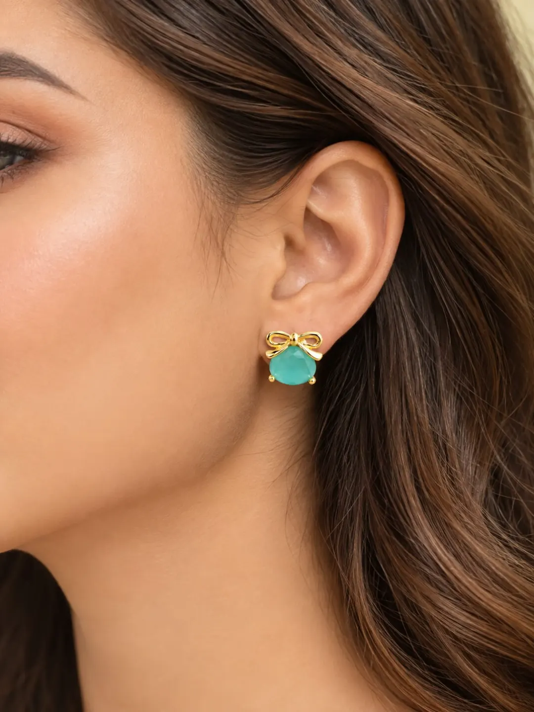 GOLDEN AQUA BLUE CRYSTAL BOW STUD EARRINGS