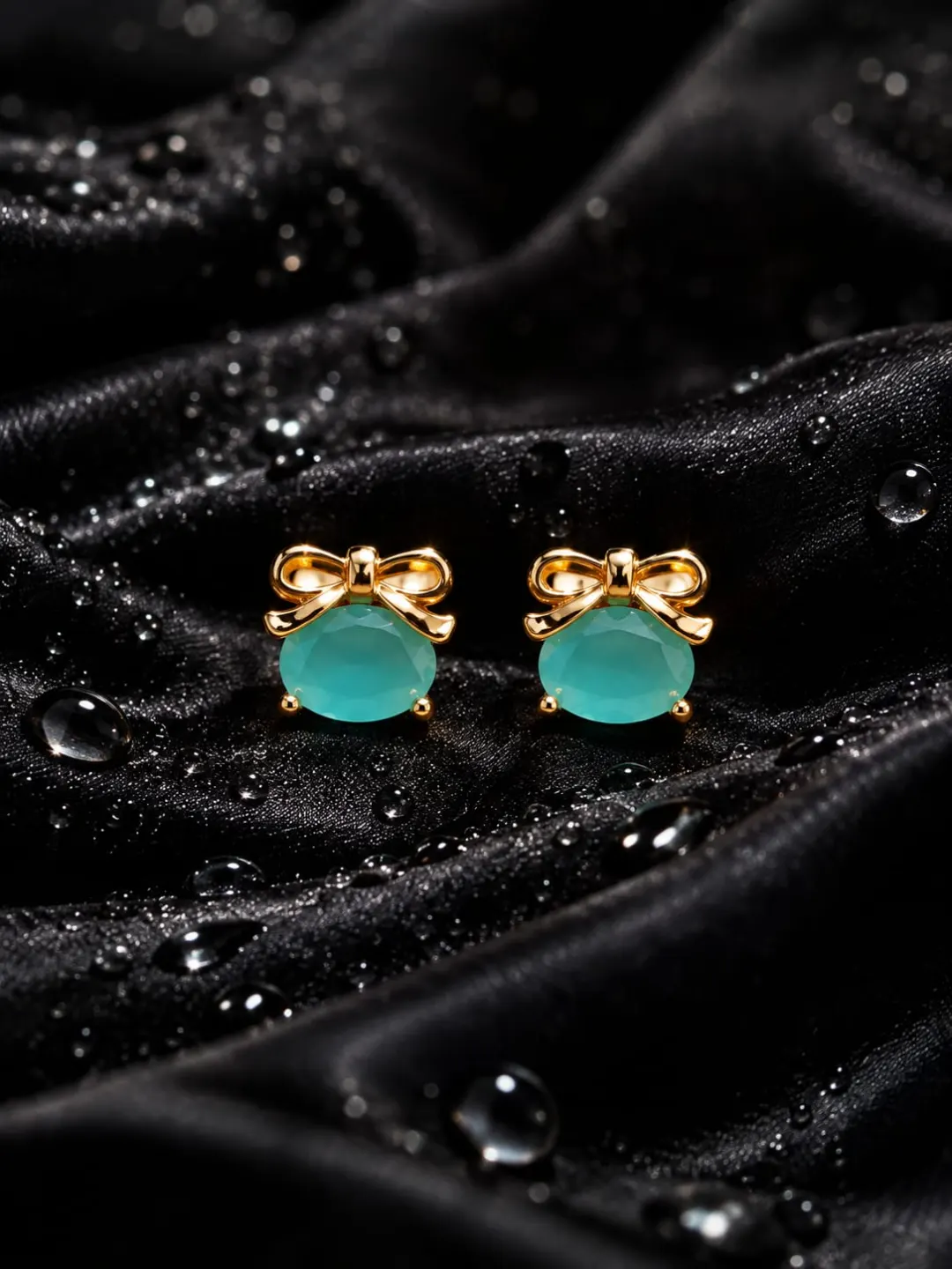 GOLDEN AQUA BLUE CRYSTAL BOW STUD EARRINGS