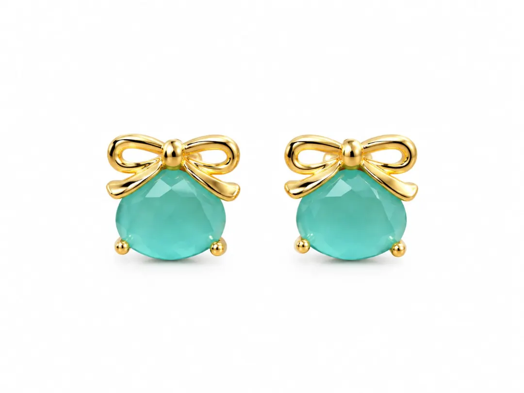 GOLDEN AQUA BLUE CRYSTAL BOW STUD EARRINGS