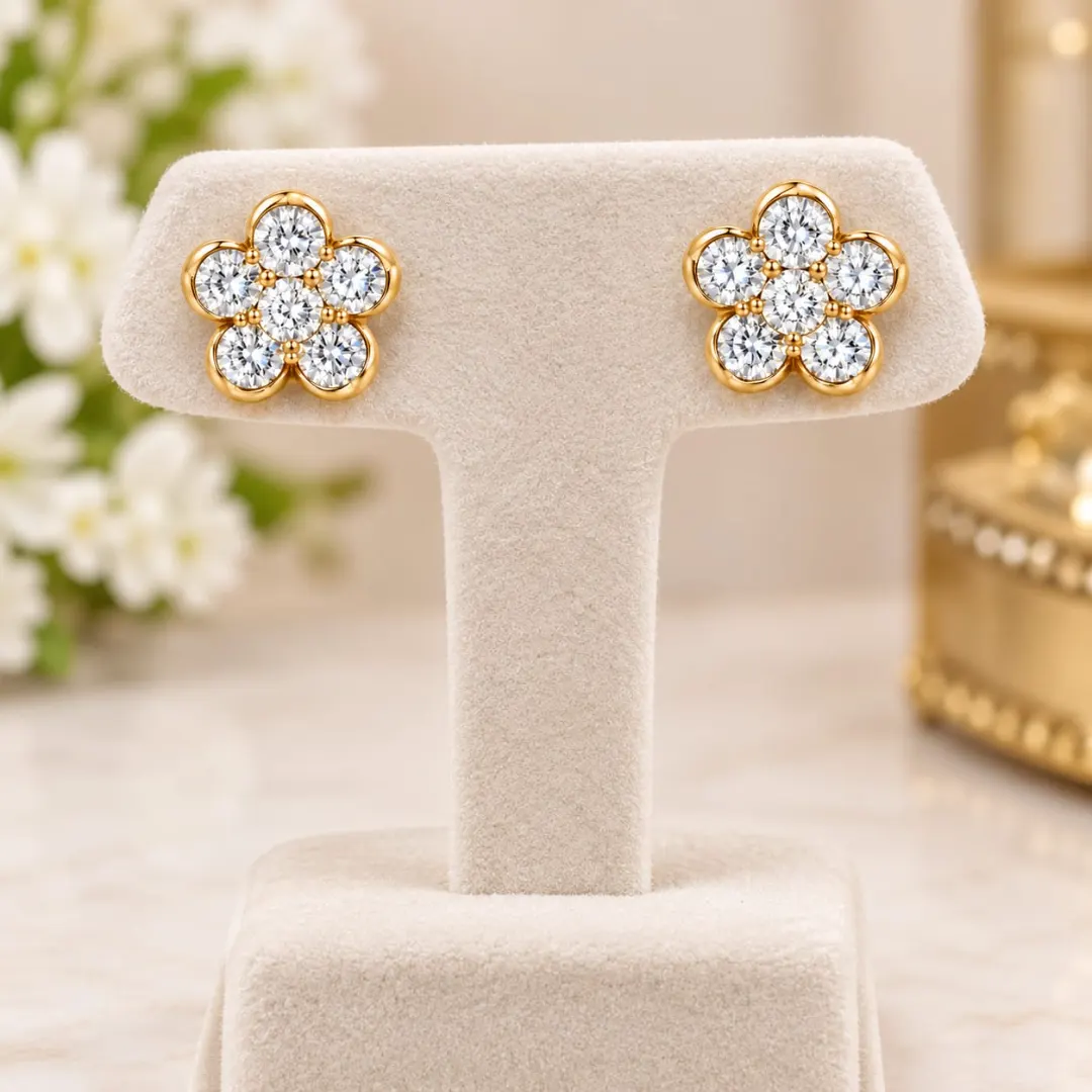 GOLDEN SPARKLING FLORAL CRYSTAL STUD EARRINGS