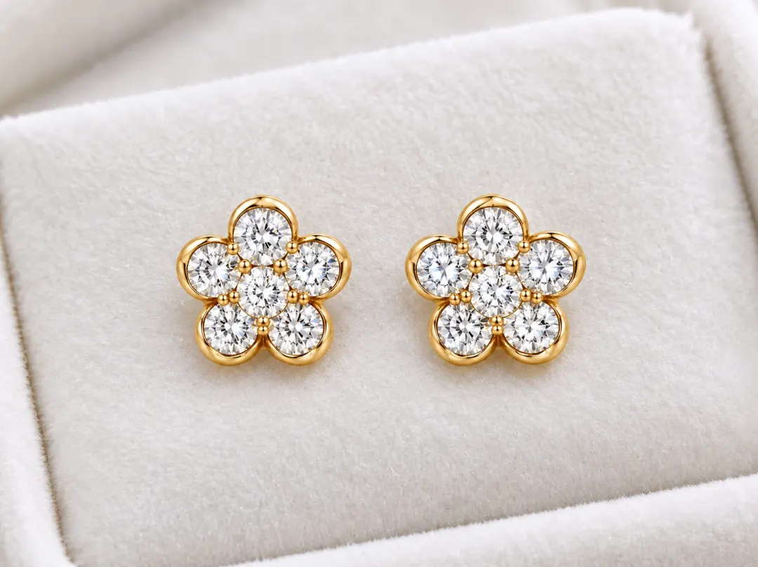 GOLDEN SPARKLING FLORAL CRYSTAL STUD EARRINGS