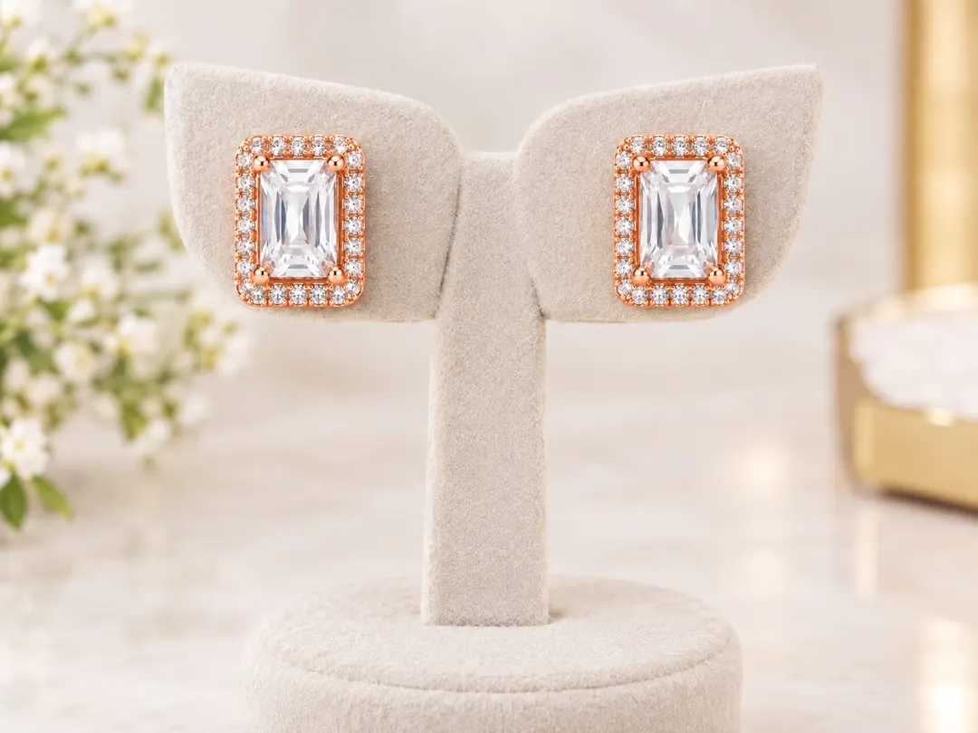 ROSE GOLD RECTANGULAR HALO CRYSTAL STUD EARRINGS