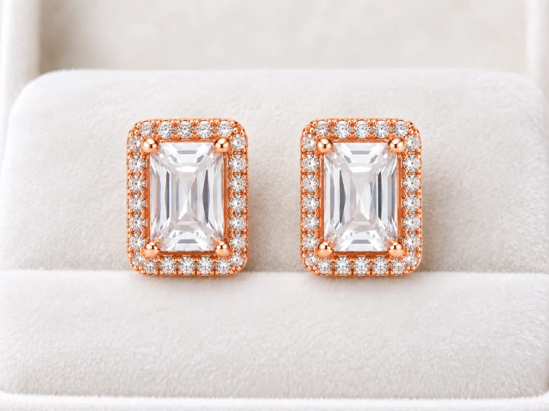 ROSE GOLD RECTANGULAR HALO CRYSTAL STUD EARRINGS
