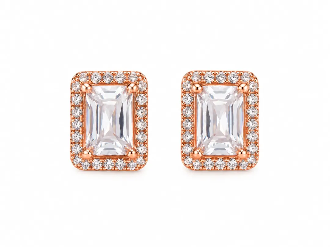 ROSE GOLD RECTANGULAR HALO CRYSTAL STUD EARRINGS