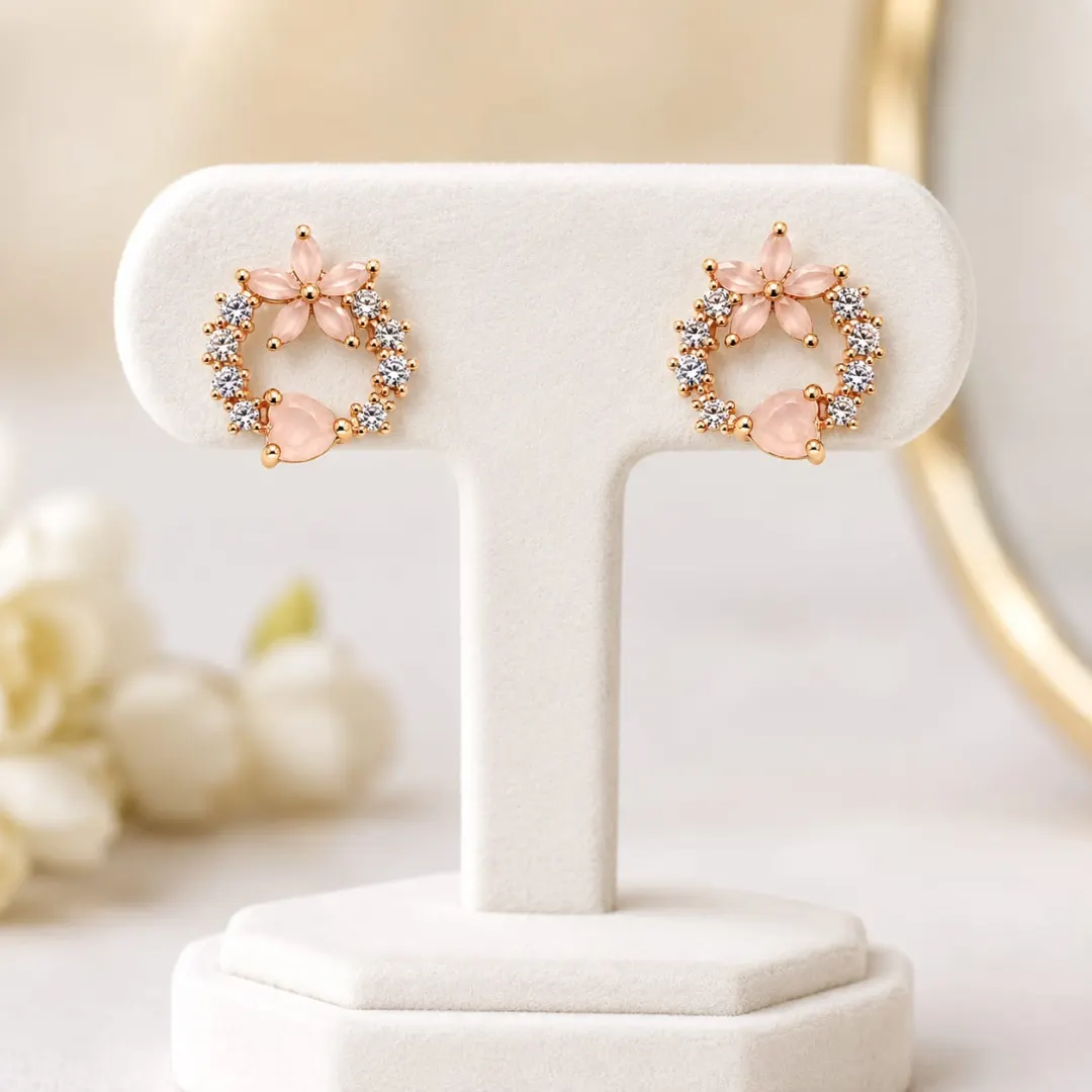 ROSE GOLD BLUSH PINK FLORAL CRYSTAL STUD EARRINGS
