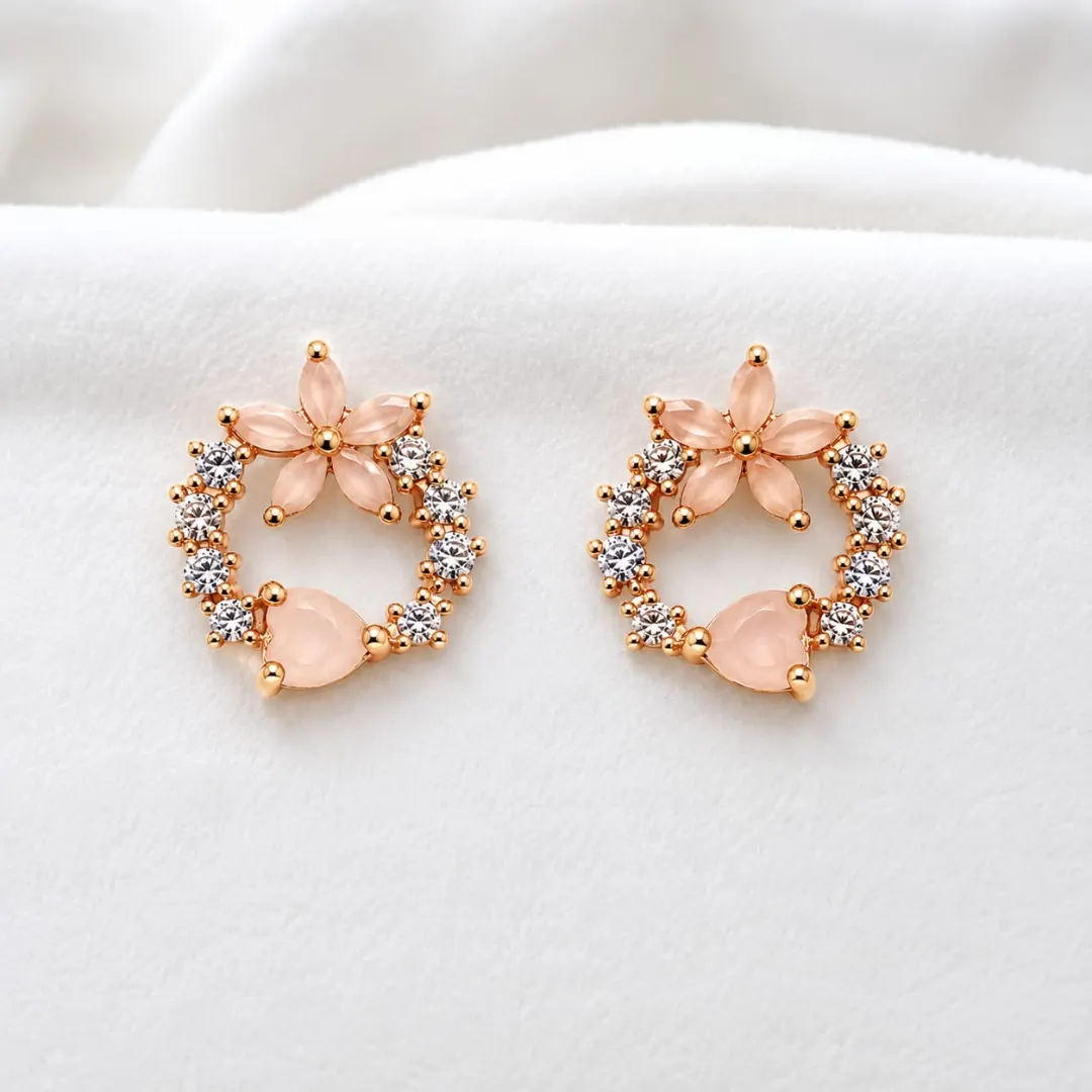 ROSE GOLD BLUSH PINK FLORAL CRYSTAL STUD EARRINGS