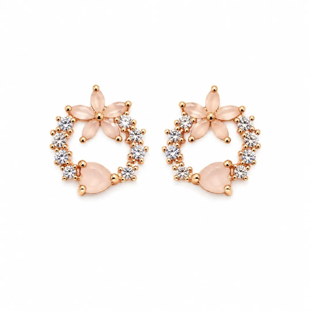 ROSE GOLD BLUSH PINK FLORAL CRYSTAL STUD EARRINGS