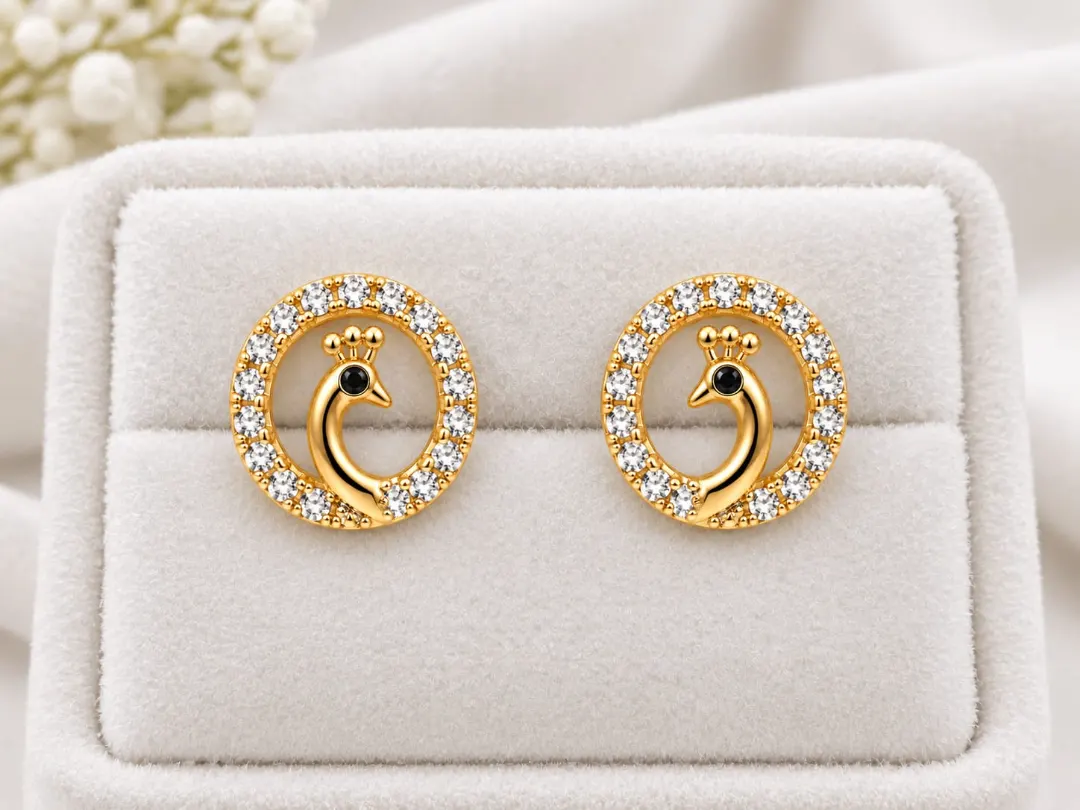 GOLDEN PEACOCK CRYSTAL ROUND STUD EARRINGS