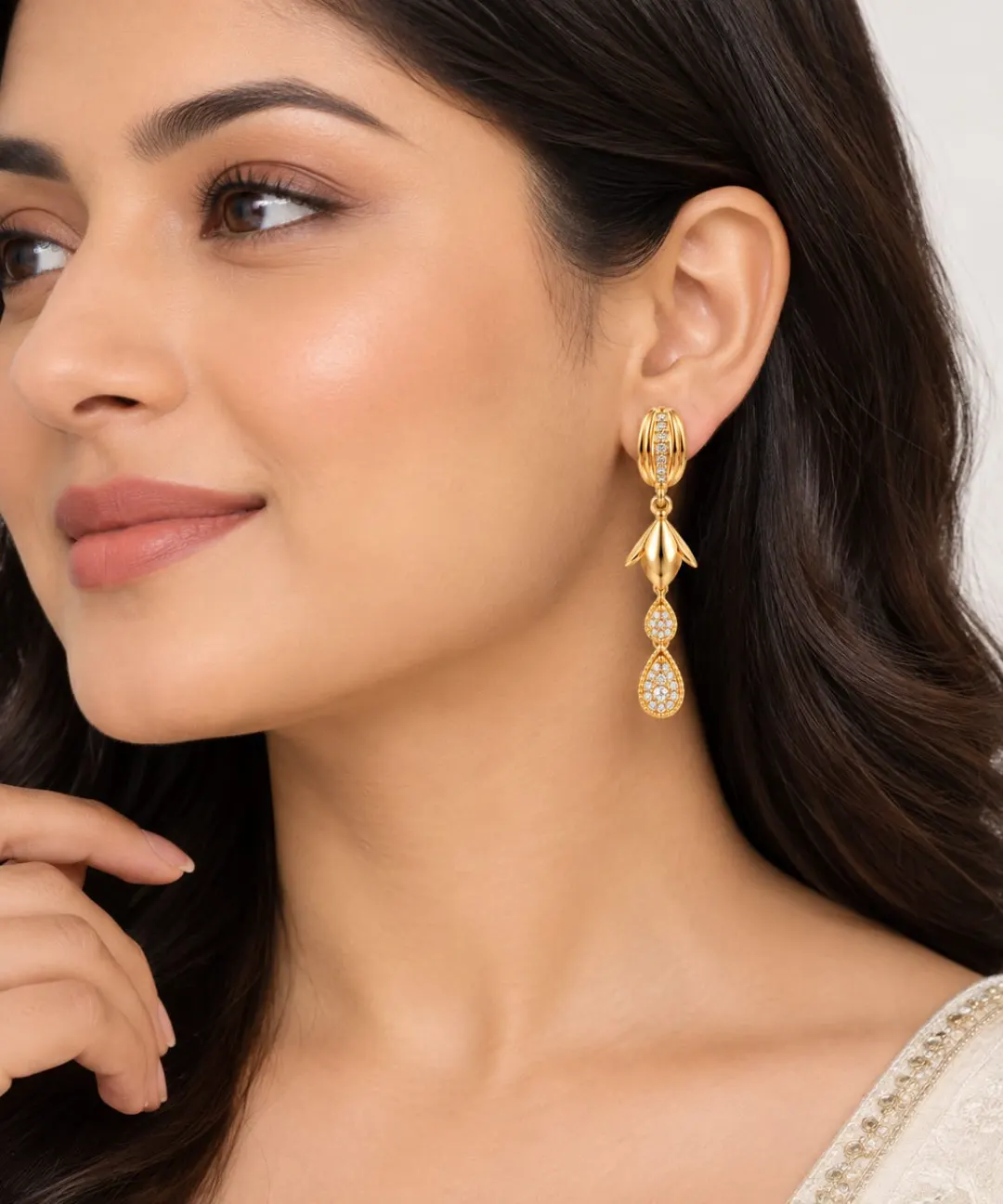 GOLDEN FLORAL DOUBLE TEARDROP CRYSTAL DROP EARRINGS