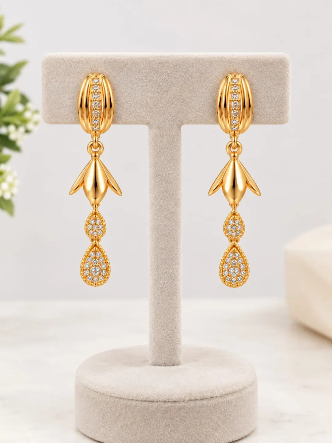 GOLDEN FLORAL DOUBLE TEARDROP CRYSTAL DROP EARRINGS
