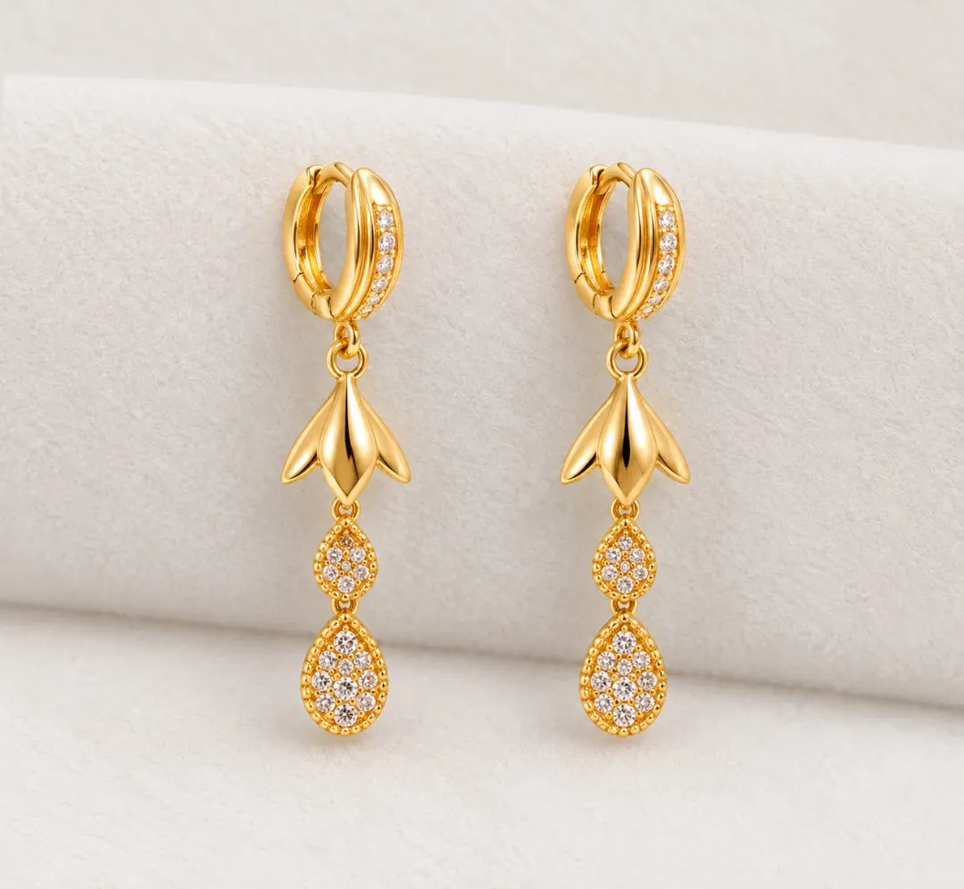 GOLDEN FLORAL DOUBLE TEARDROP CRYSTAL DROP EARRINGS
