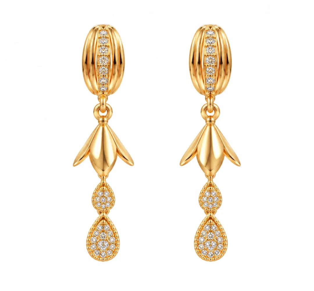 GOLDEN FLORAL DOUBLE TEARDROP CRYSTAL DROP EARRINGS