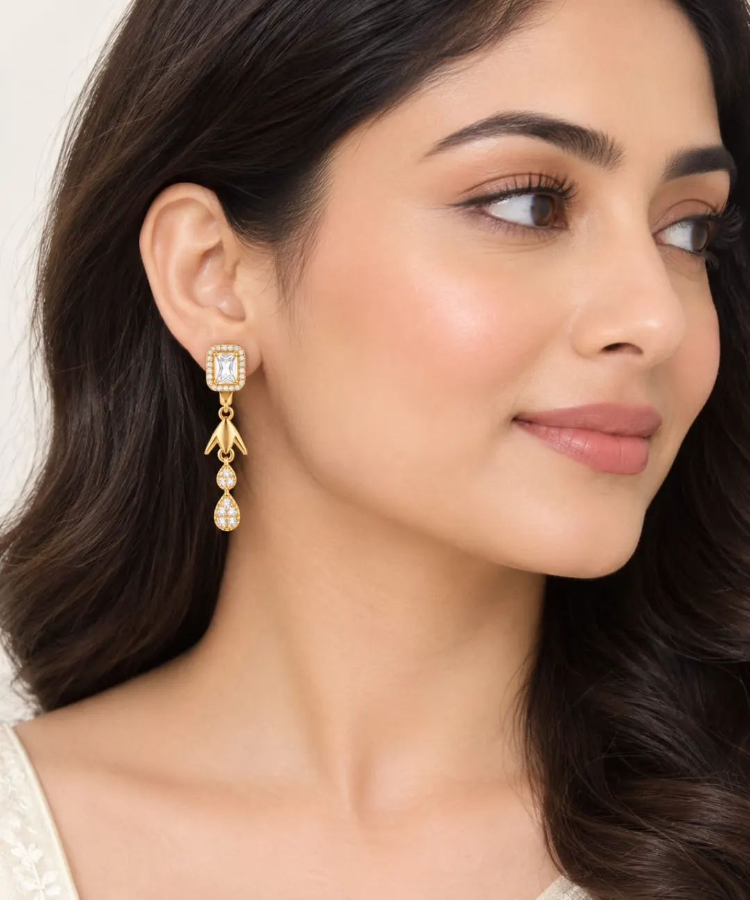 ROSE GOLD RECTANGULAR CRYSTAL DOUBLE TEARDROP EARRINGS