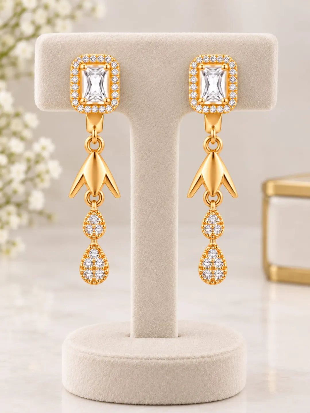 ROSE GOLD RECTANGULAR CRYSTAL DOUBLE TEARDROP EARRINGS