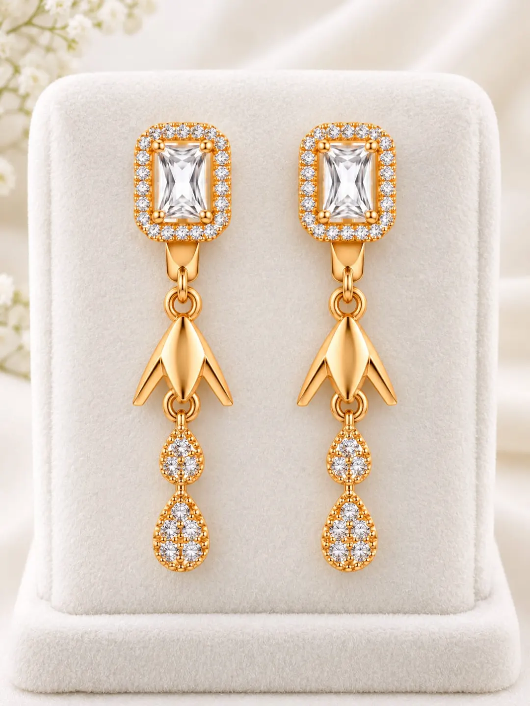 ROSE GOLD RECTANGULAR CRYSTAL DOUBLE TEARDROP EARRINGS