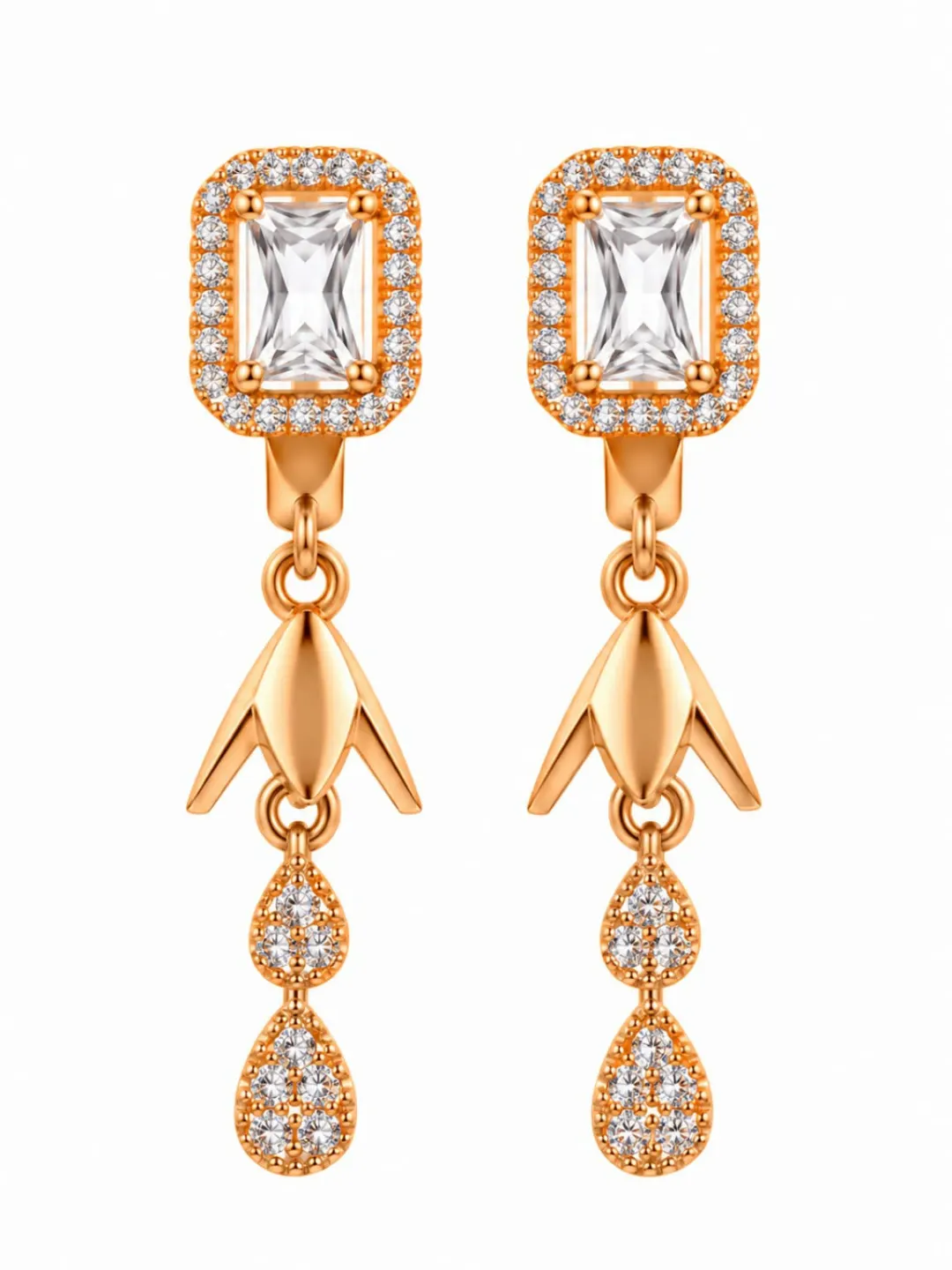 ROSE GOLD RECTANGULAR CRYSTAL DOUBLE TEARDROP EARRINGS