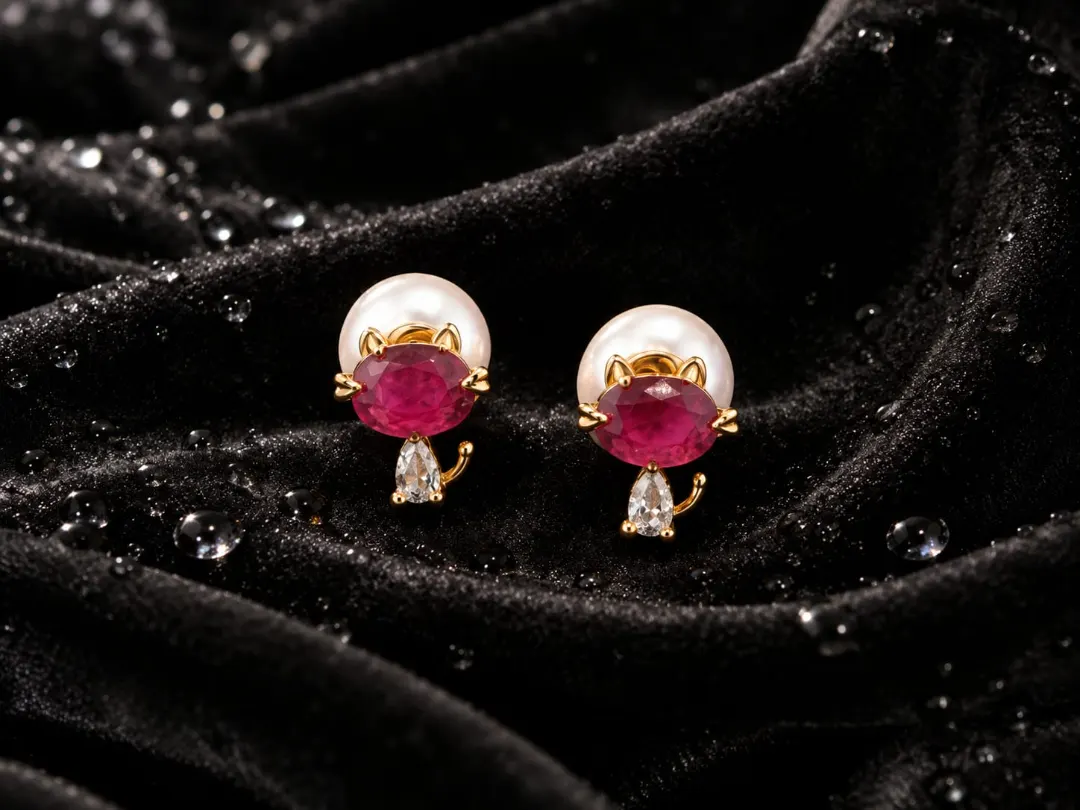 RUBY RED CAT DESIGN STUD EARRINGS