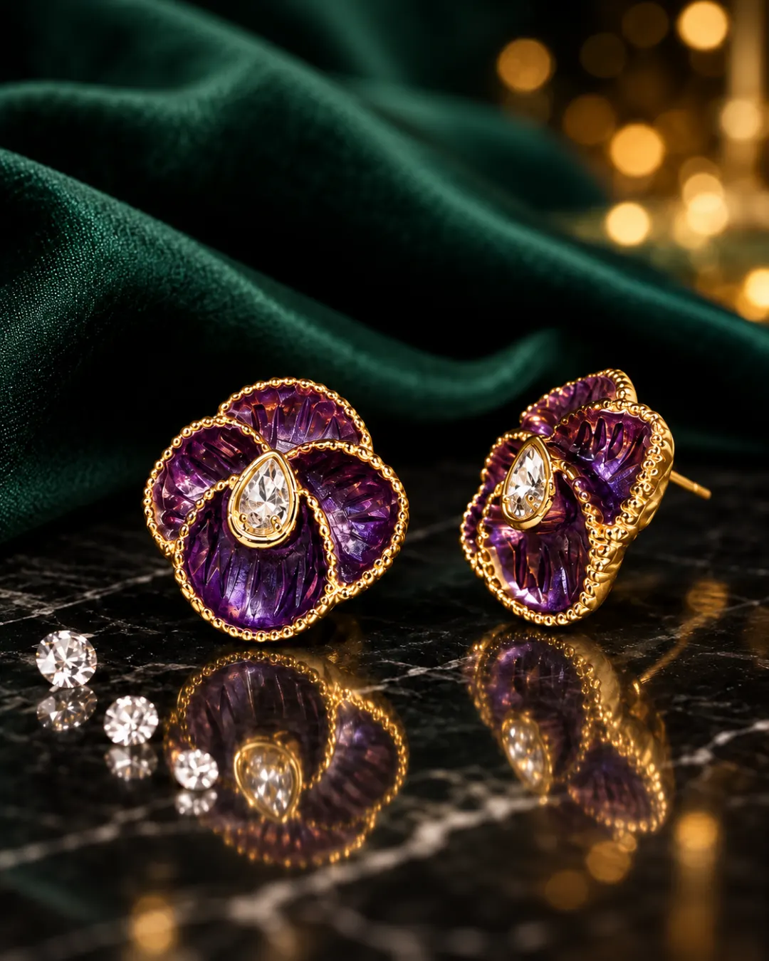 PURPLE FLORAL ENAMEL STUD EARRINGS.