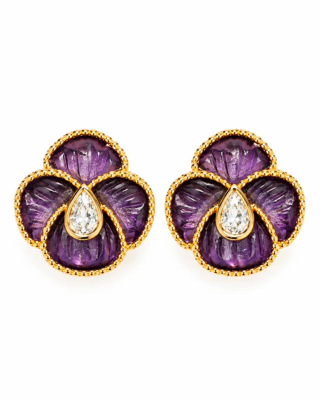 PURPLE FLORAL ENAMEL STUD EARRINGS.