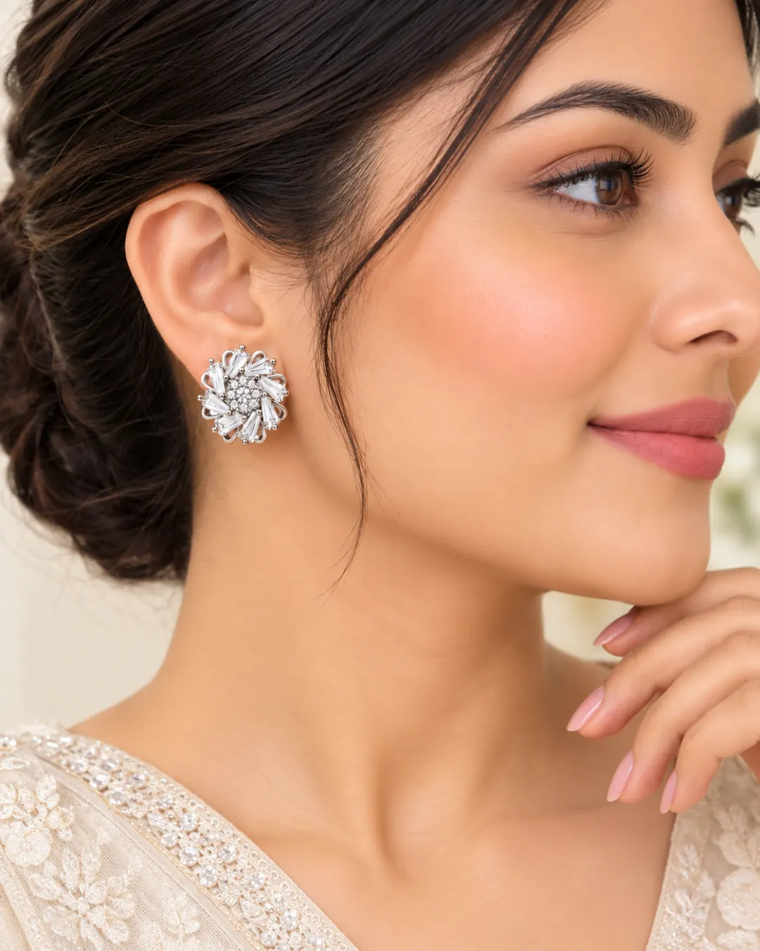 SILVER FLORAL CRYSTAL STUD EARRINGS