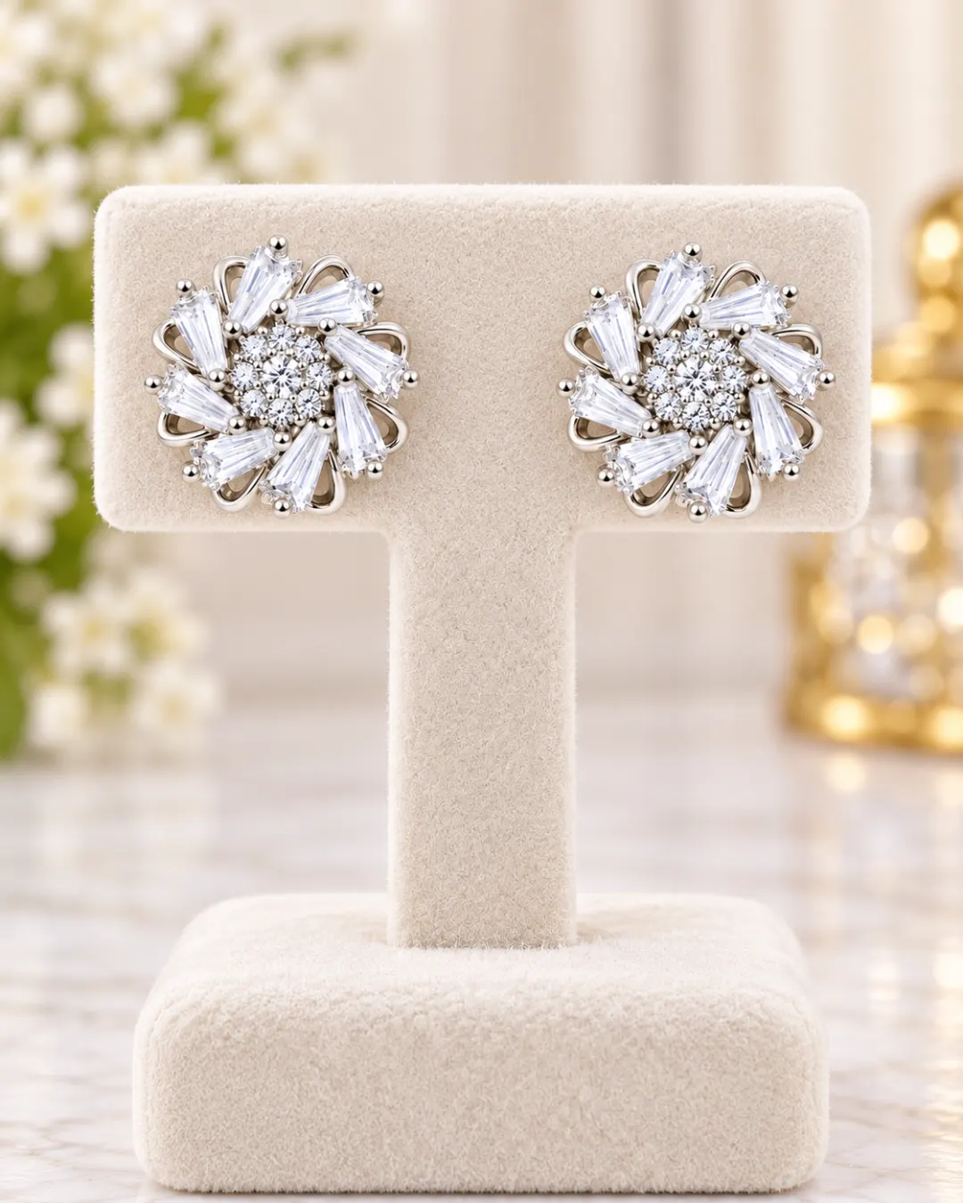 SILVER FLORAL CRYSTAL STUD EARRINGS