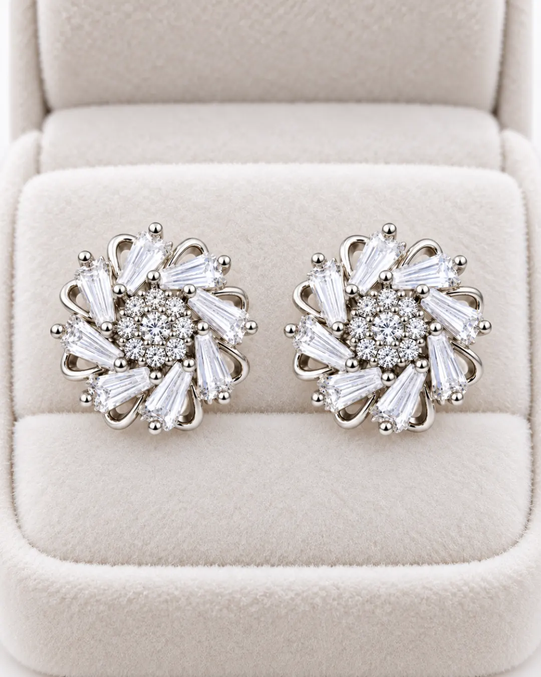 SILVER FLORAL CRYSTAL STUD EARRINGS