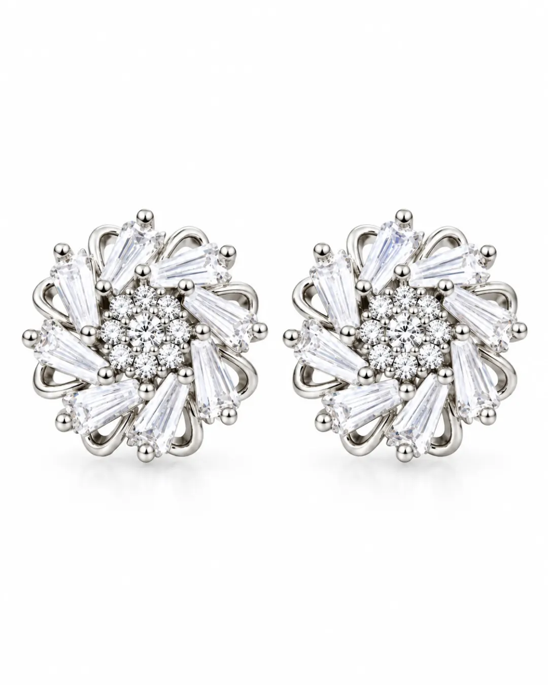 SILVER FLORAL CRYSTAL STUD EARRINGS