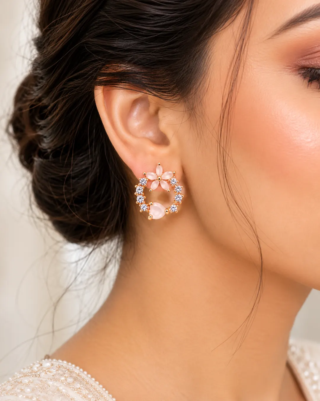 ROSE GOLD BLUSH PINK FLORAL CRYSTAL STUD EARRINGS