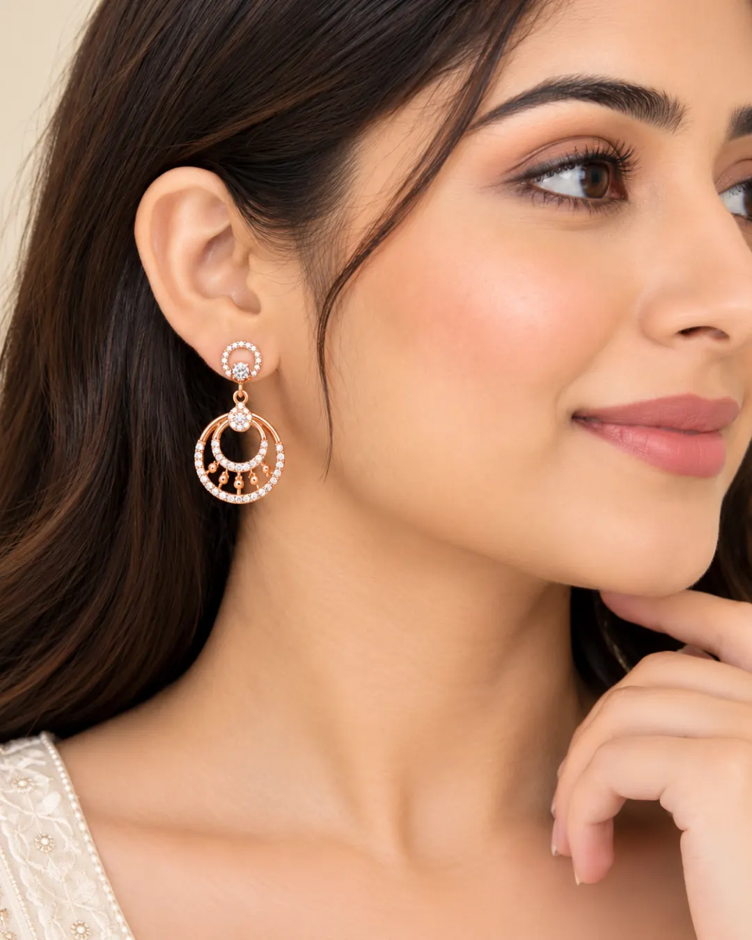 ROSE GOLD DOUBLE CIRCLE CRYSTAL DROP EARRINGS