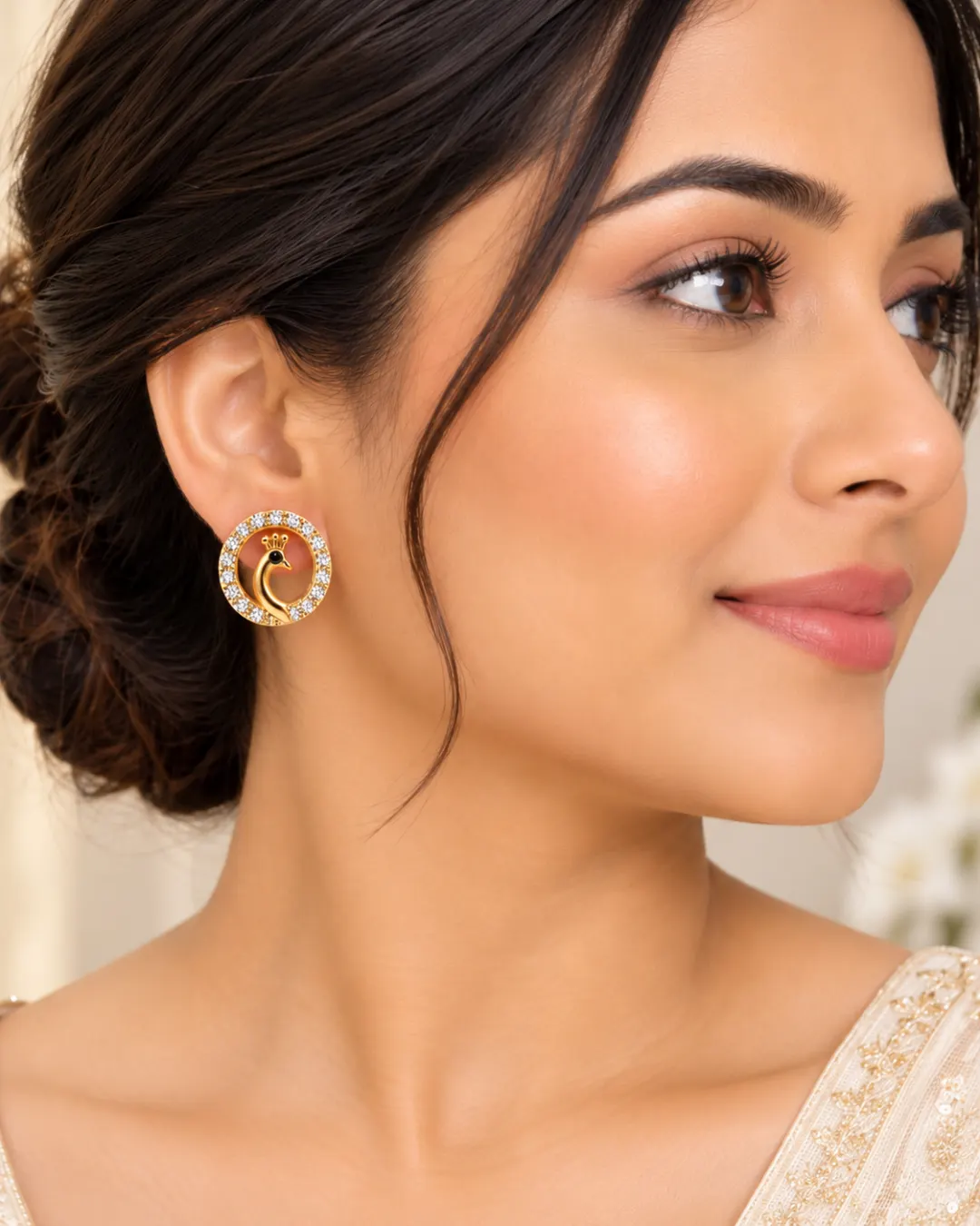 GOLDEN PEACOCK CRYSTAL ROUND STUD EARRINGS