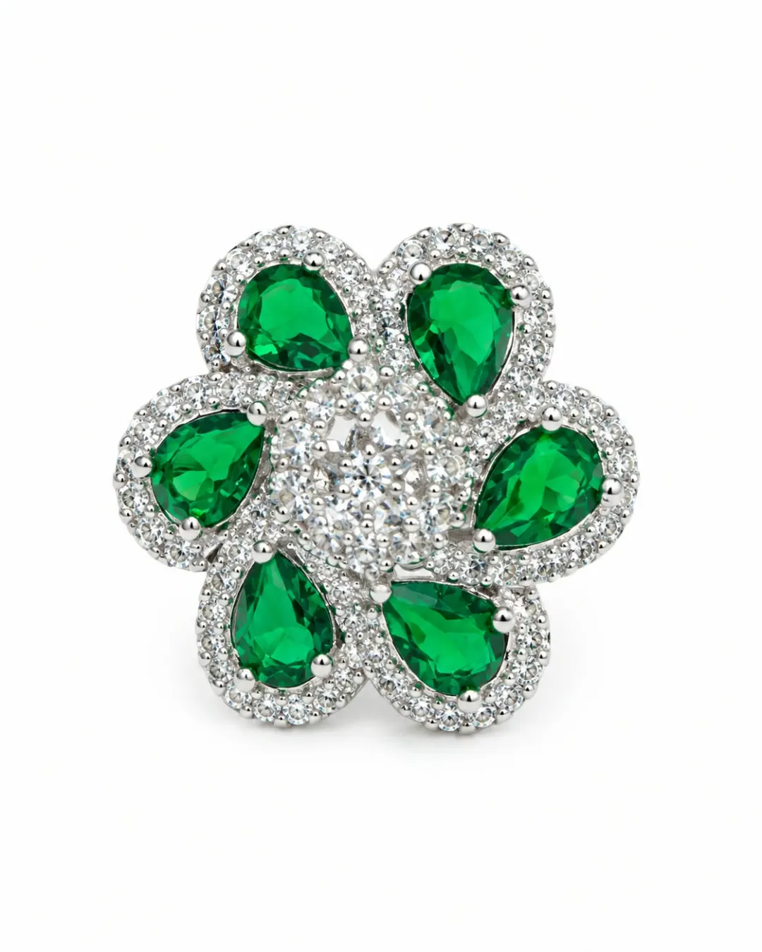 EMERALD GREEN FLORAL PEARL-STONE SILVER RING