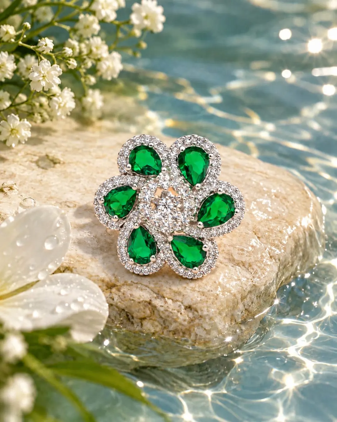 EMERALD GREEN FLORAL PEARL-STONE SILVER RING
