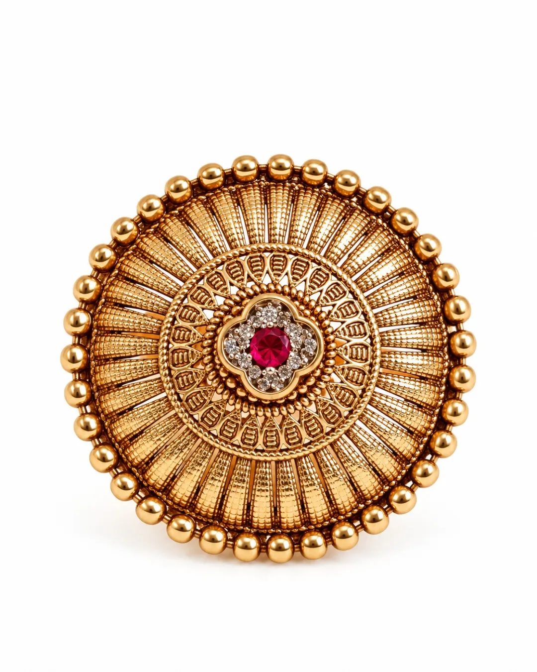 GOLD-TONE RED STONE FLORAL ROUND RING