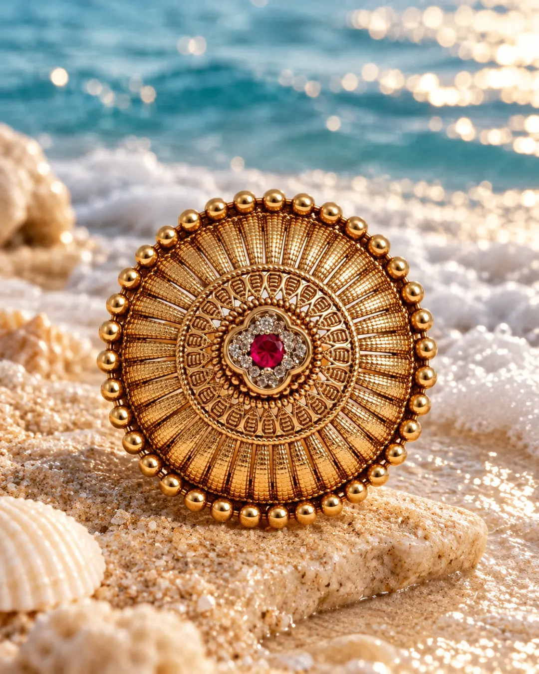 GOLD-TONE RED STONE FLORAL ROUND RING