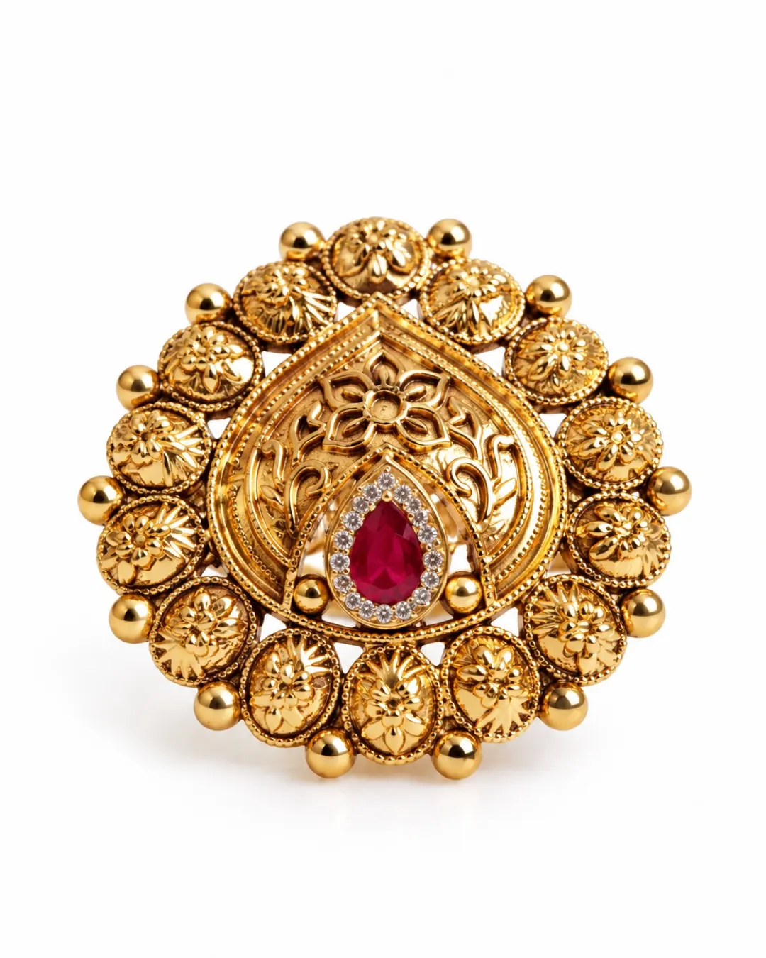GOLD-TONE FLORAL RED STONE RING