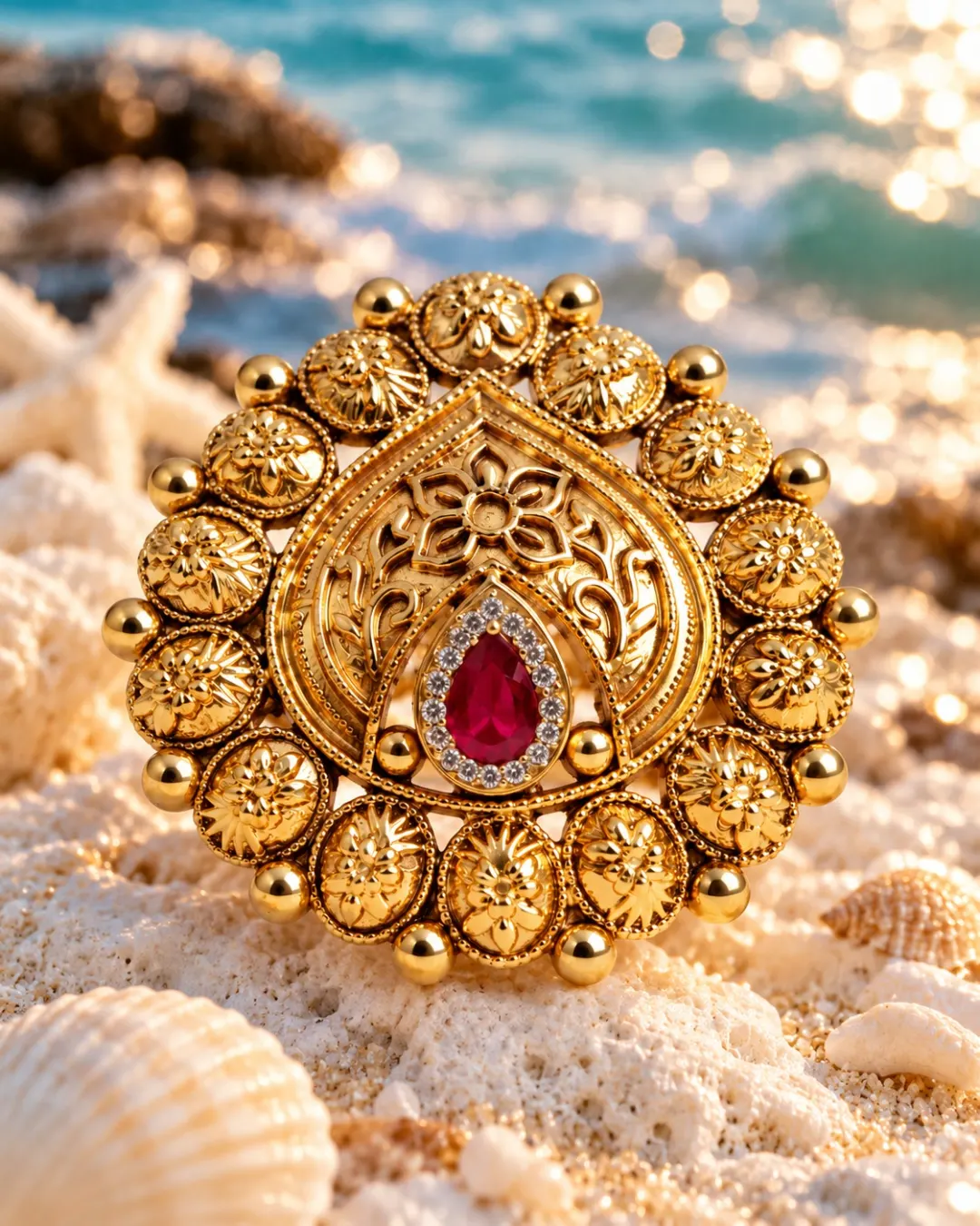 GOLD-TONE FLORAL RED STONE RING