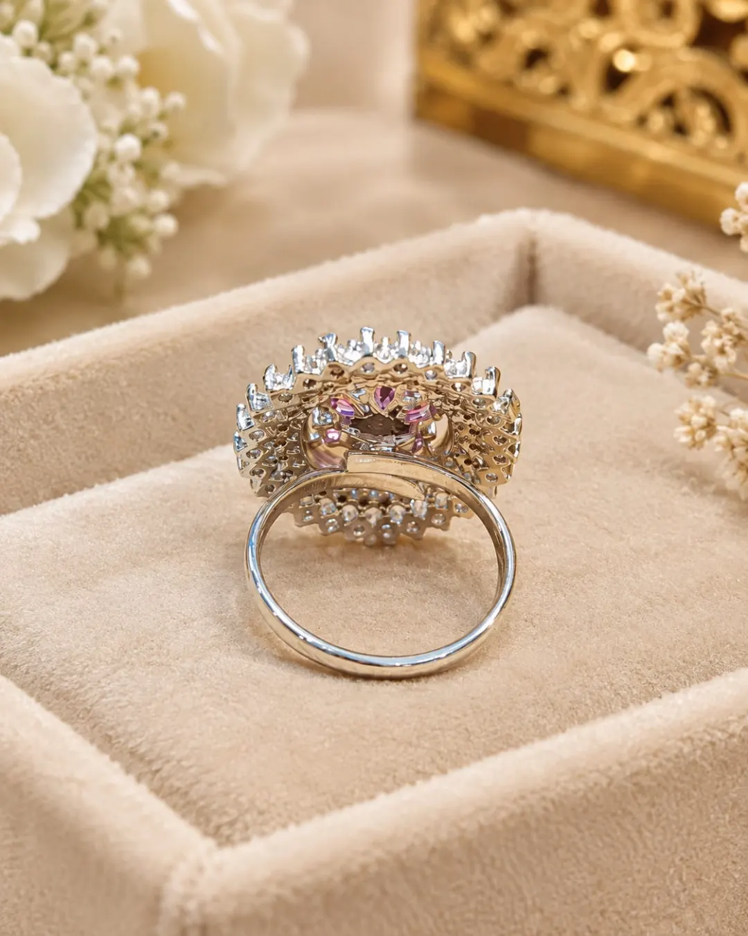 SILVER-TONE PINK FLORAL STONE STUDDED RING