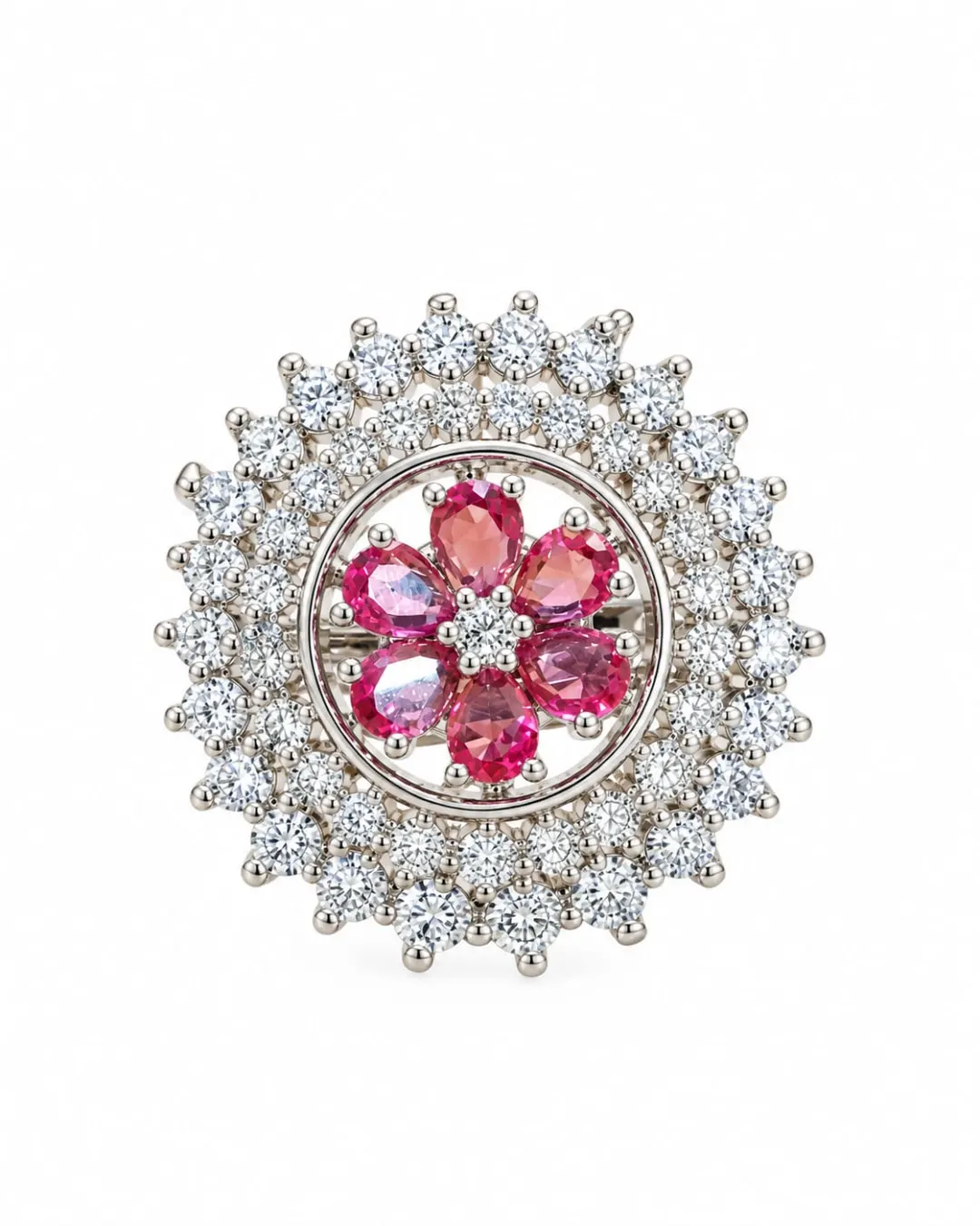 SILVER-TONE PINK FLORAL STONE STUDDED RING
