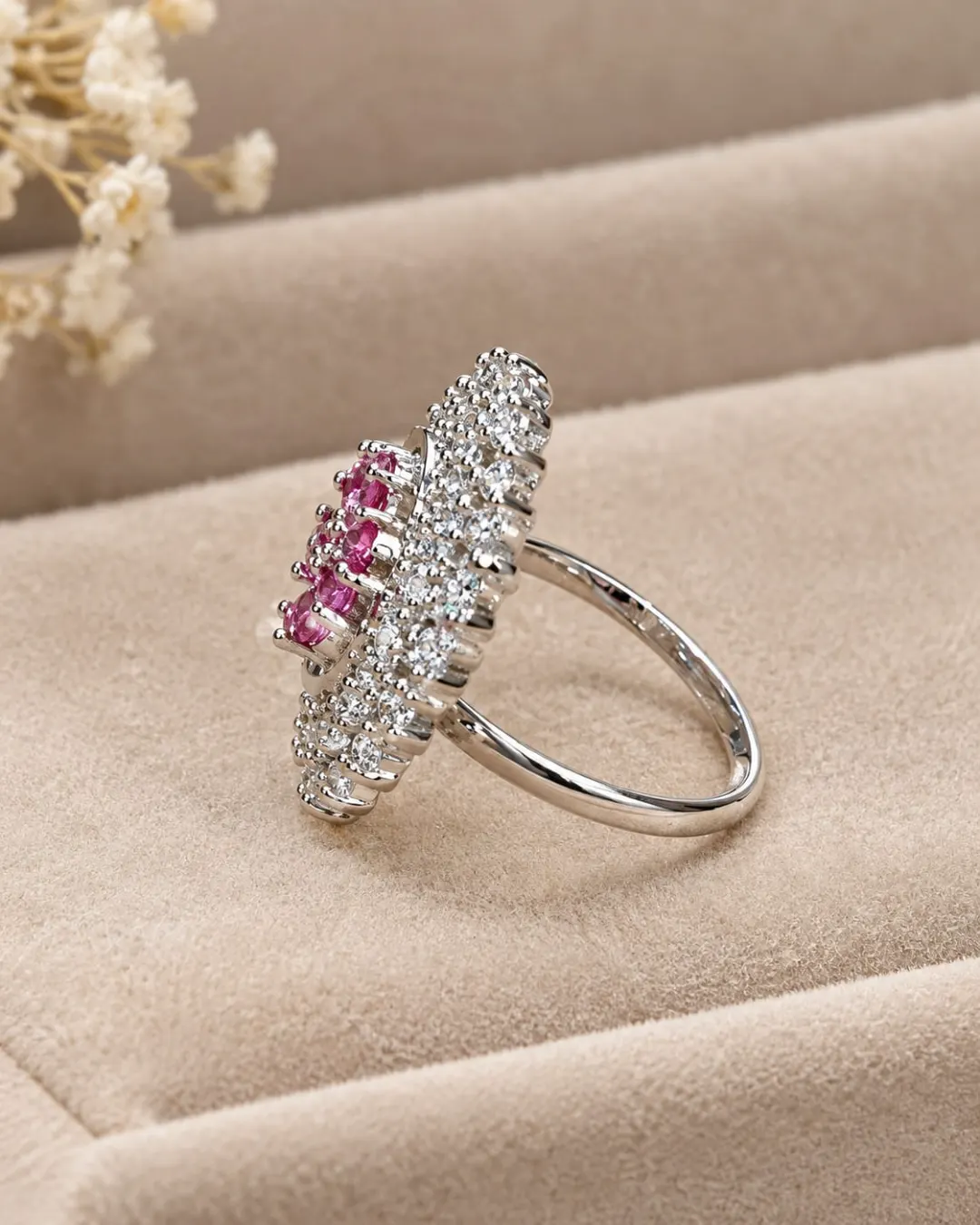 SILVER-TONE PINK FLORAL STONE STUDDED RING