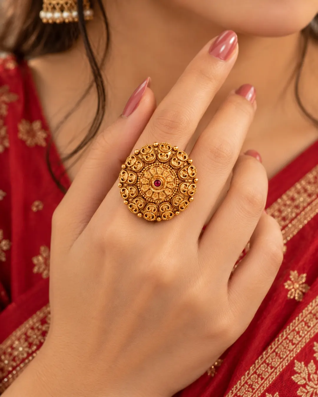 ANTIQUE GOLD-TONE RED STONE ROUND RING