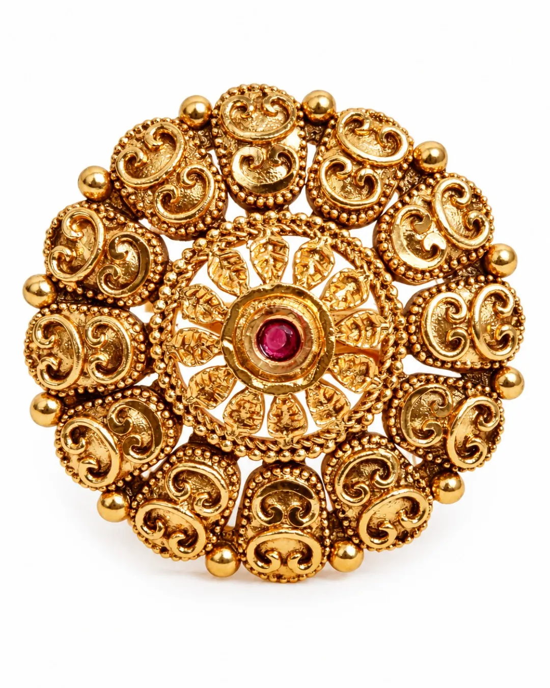 ANTIQUE GOLD-TONE RED STONE ROUND RING