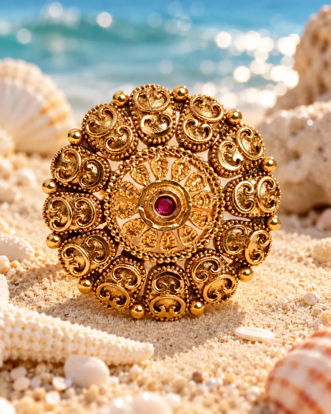 ANTIQUE GOLD-TONE RED STONE ROUND RING
