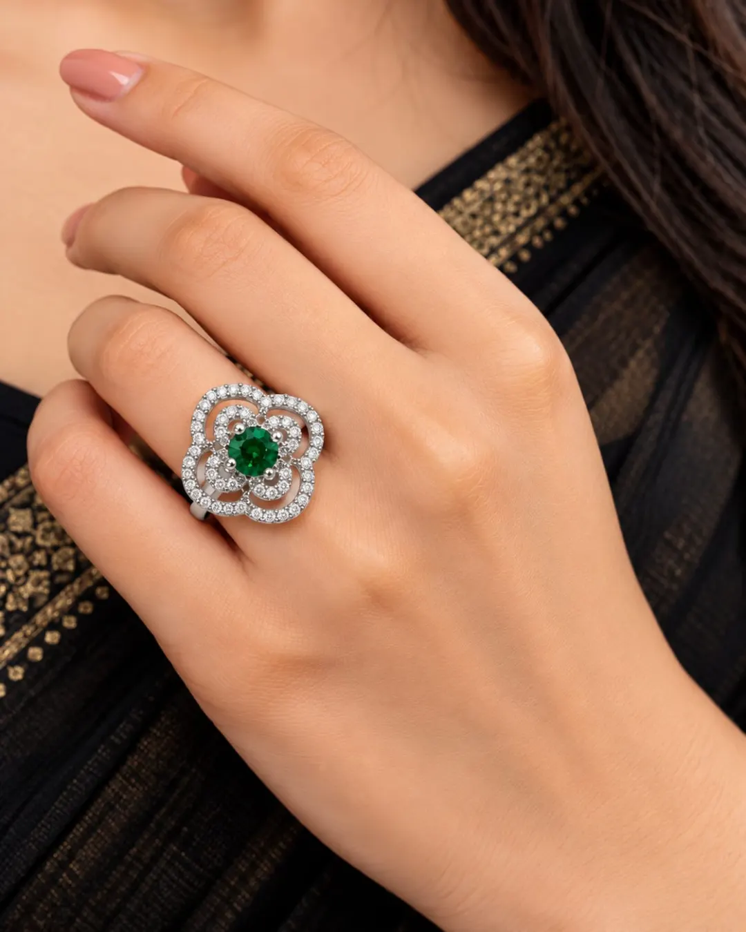 EMERALD GREEN FLORAL HALO SILVER-TONE RING