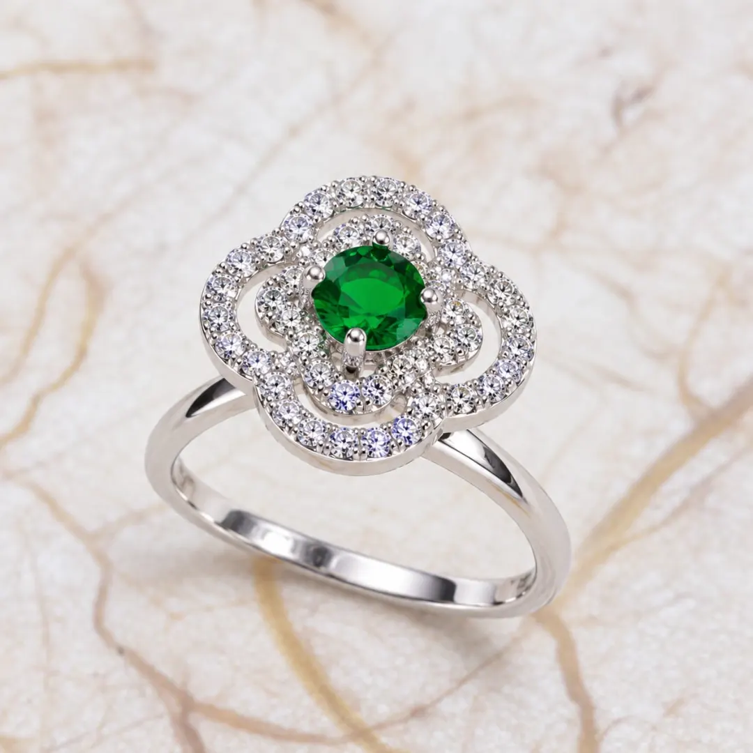 EMERALD GREEN FLORAL HALO SILVER-TONE RING